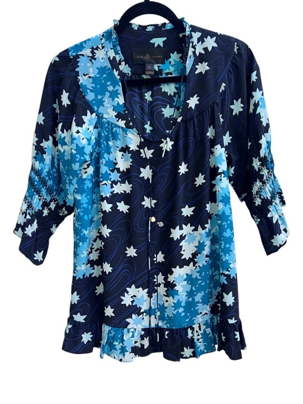 Julie Brown Vtg Silk Floral Tunic Blouse 4 Oversized Embellished Ruffle Charms